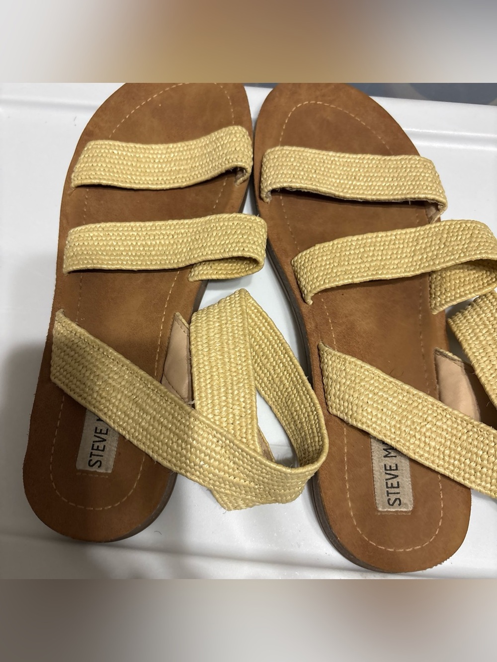 Steve Madden Tan Footbed Sandals with Cream Woven Straps